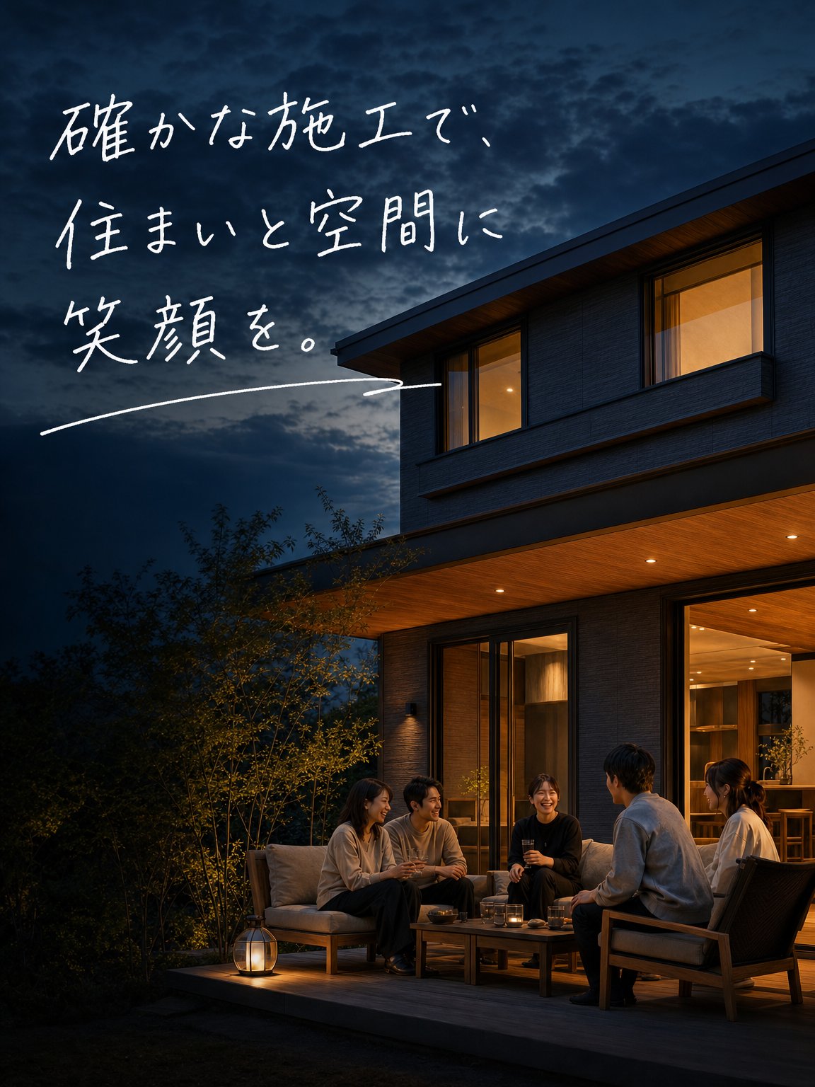 夜のテラスで談笑する人たちと外壁の家。確かな施工で、住まいと空間に笑顔を。
