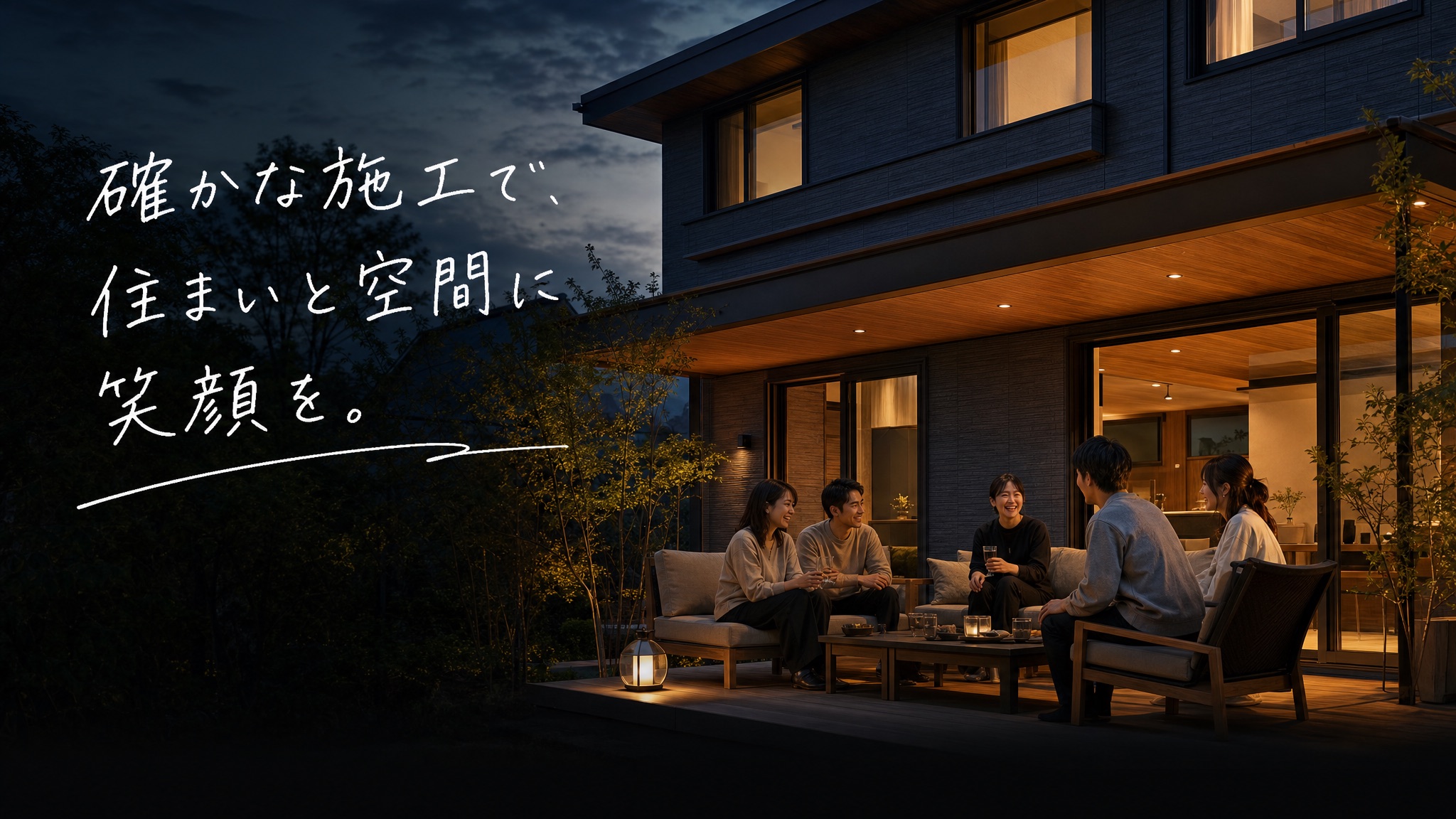 夜のテラスで談笑する人たちと外壁の家。確かな施工で、住まいと空間に笑顔を。